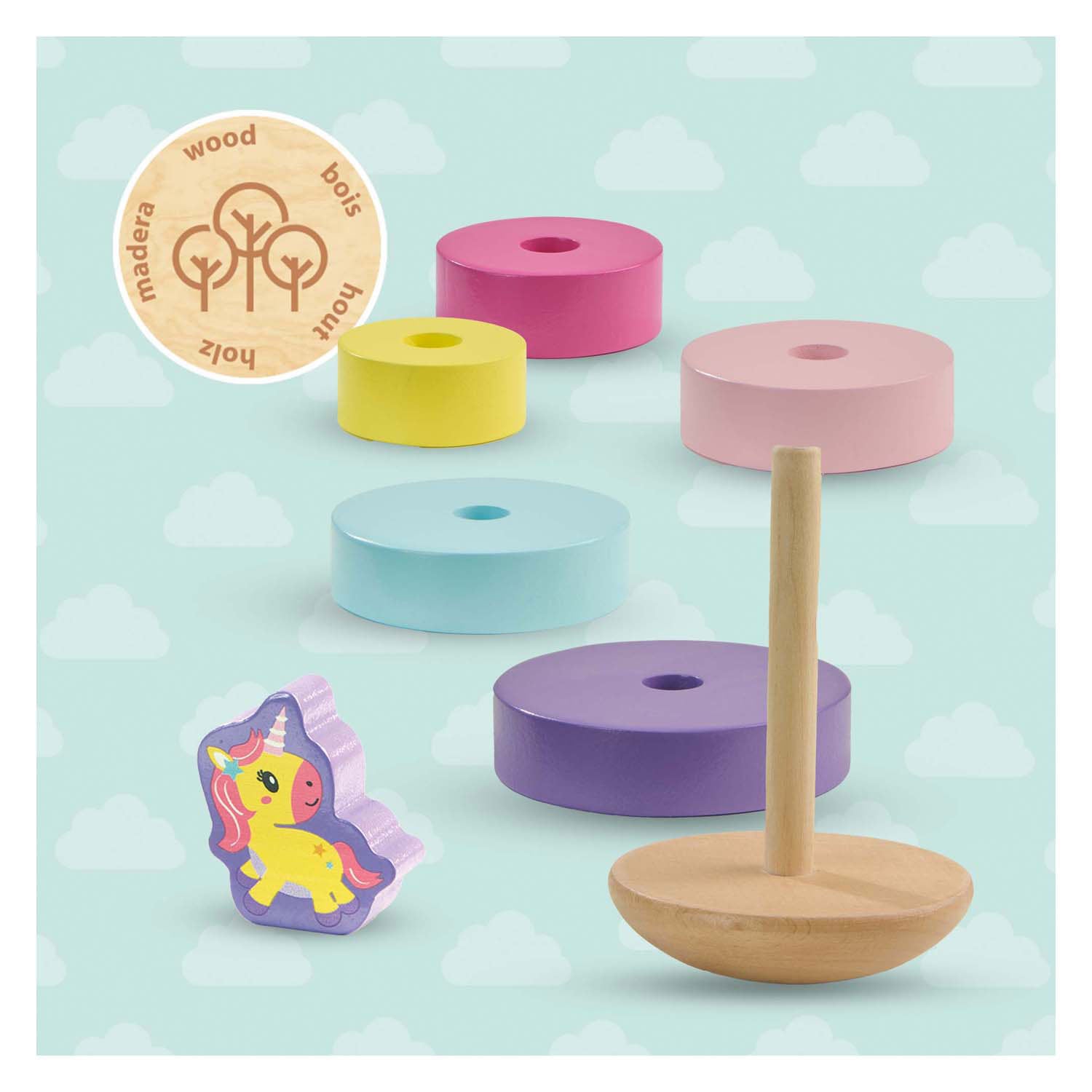 Ses houten stapeltoren eenhoorn