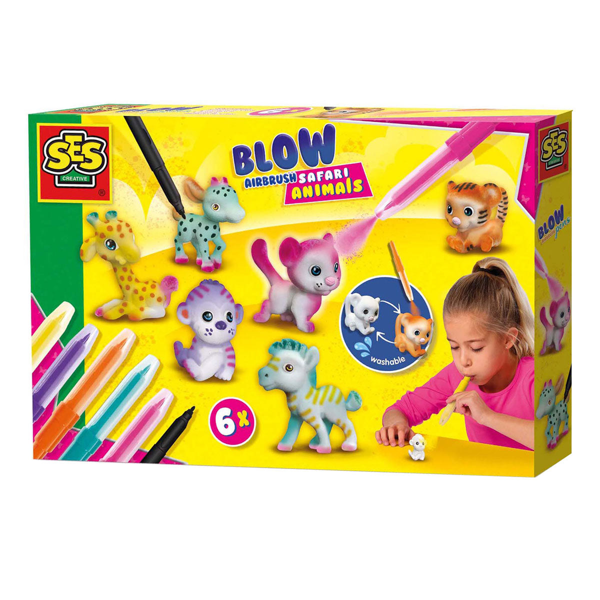 Ses blow airbrush pennen - safari dieren, 6st.