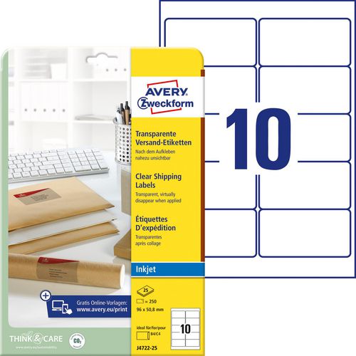 Inkjet adresetiketten avery 250 stuks transparant