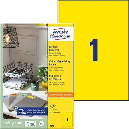 Etiketten avery zweckform 210x297mm geel