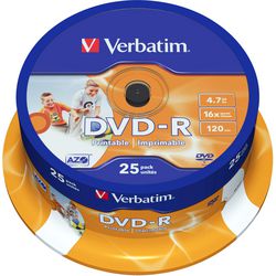 Dvd-r printbaar 4.7gb verbatim 16x 25 stuk