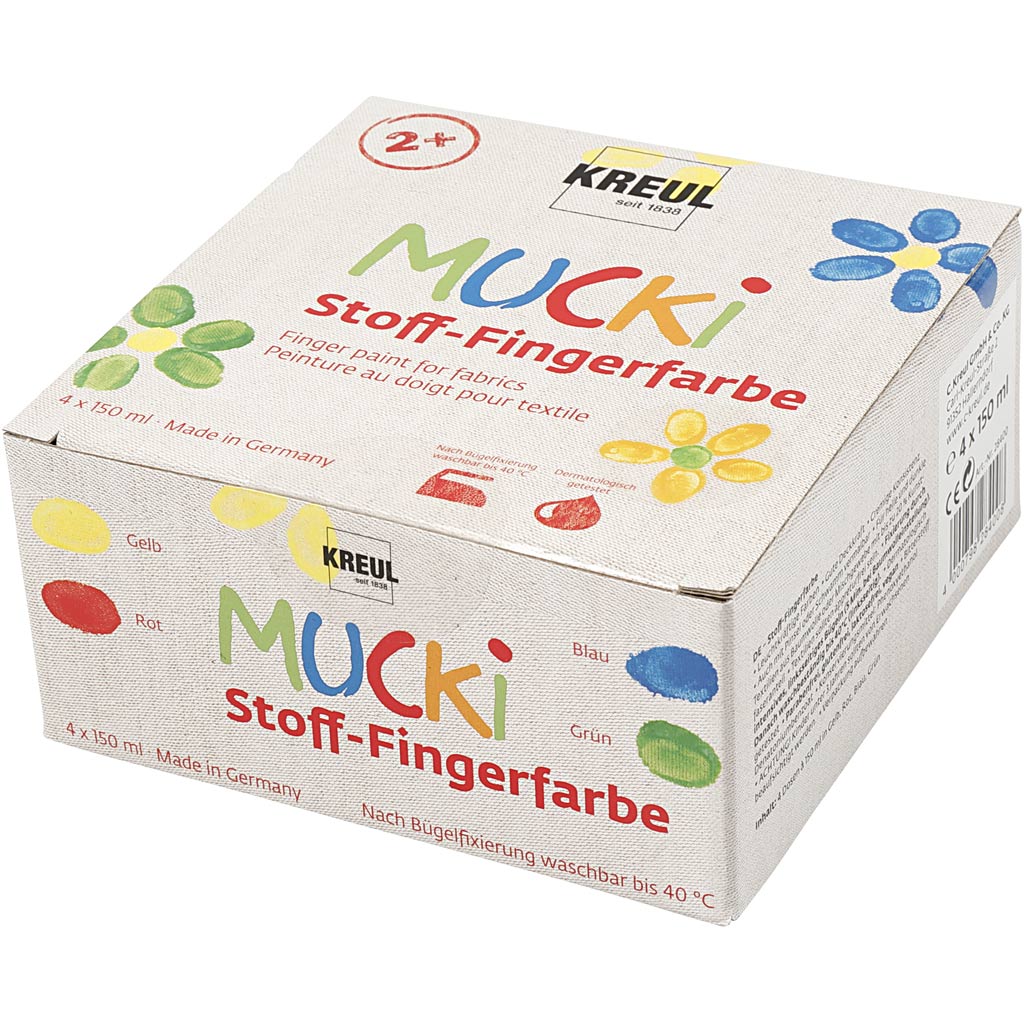 Creatief bedrijf muck vingerverf blauw groen rood geel, 4x150ml