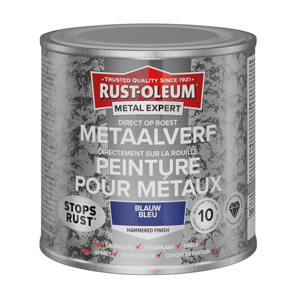 Rust-oleum 1071360 - hamerslag - blauw - 250ml direct op roest - metaalverf | 1 stuks