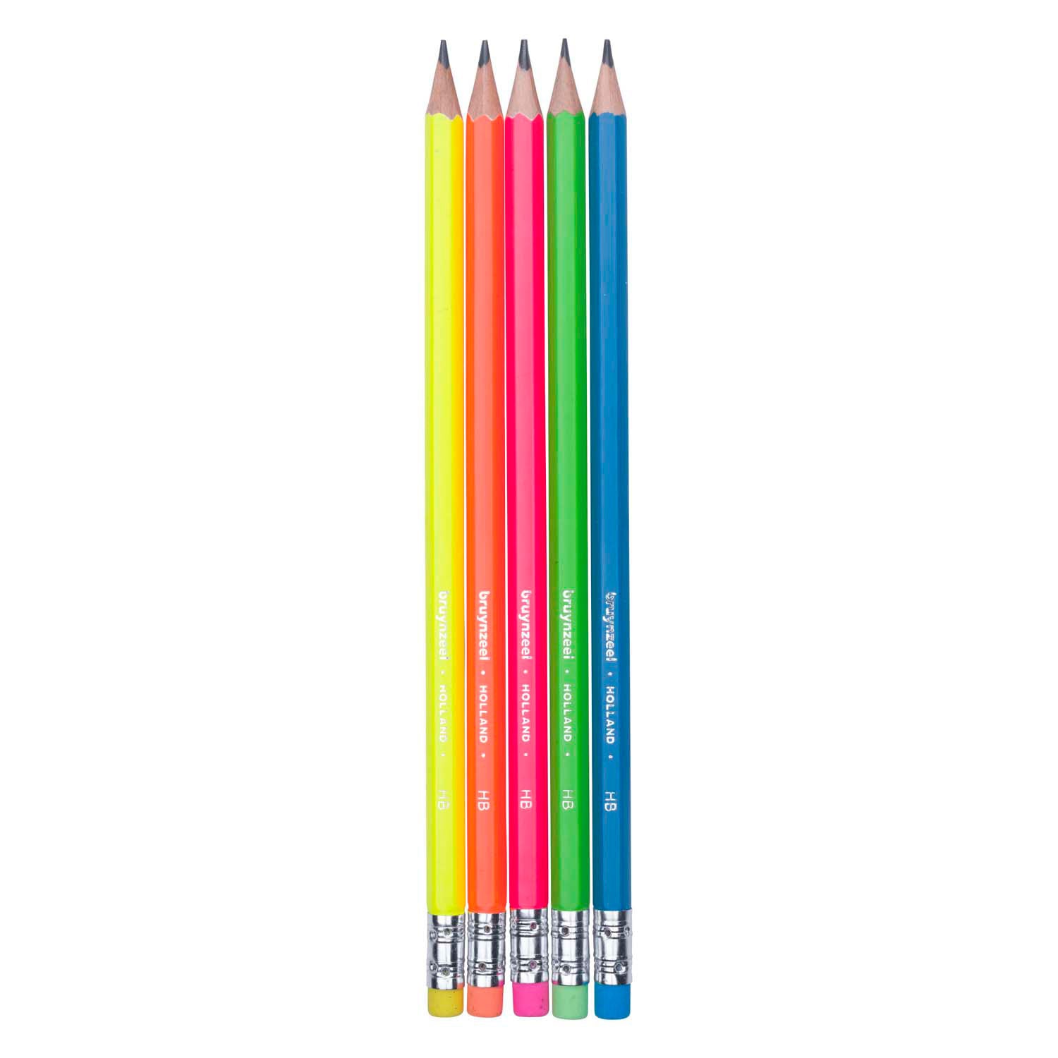 Bruynzeel grafietpotlodenset neon, 5 hb potloden met gom
