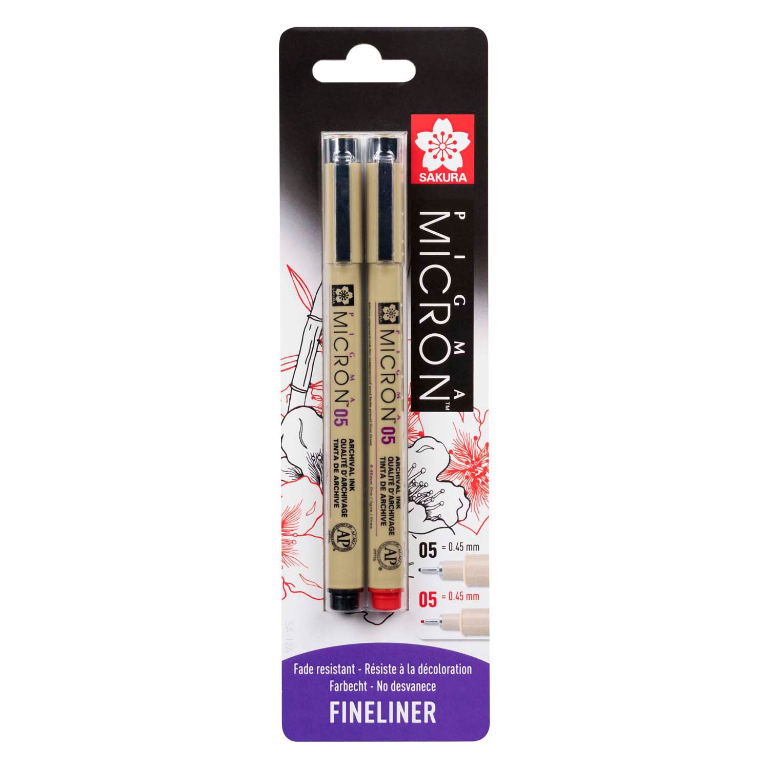 Sakura blisterkaart pigma micron 05 0,45 mm zwart, rood, 2st.