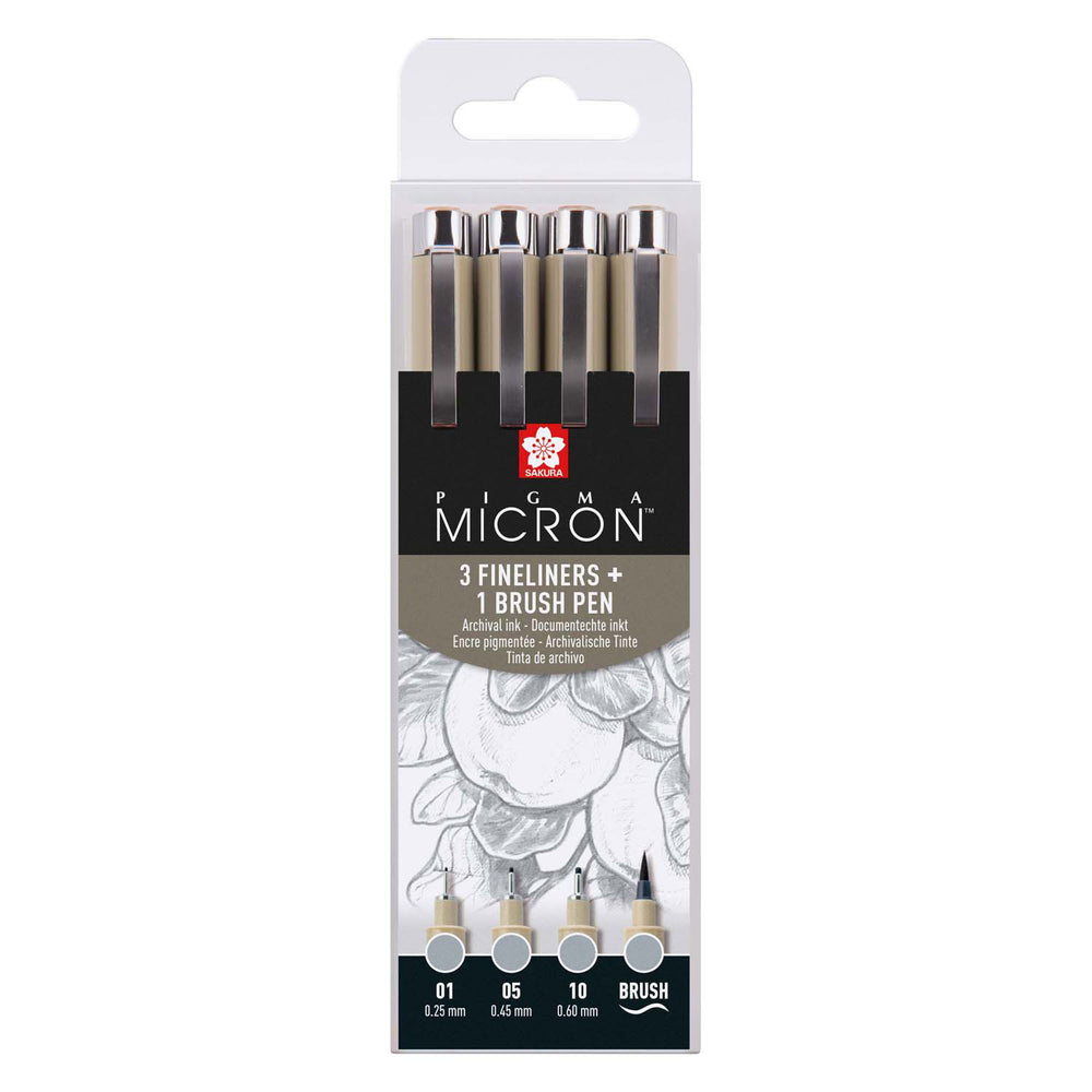 Sakura pigma micron finelinerset, 4 maten, licht koelgrijs