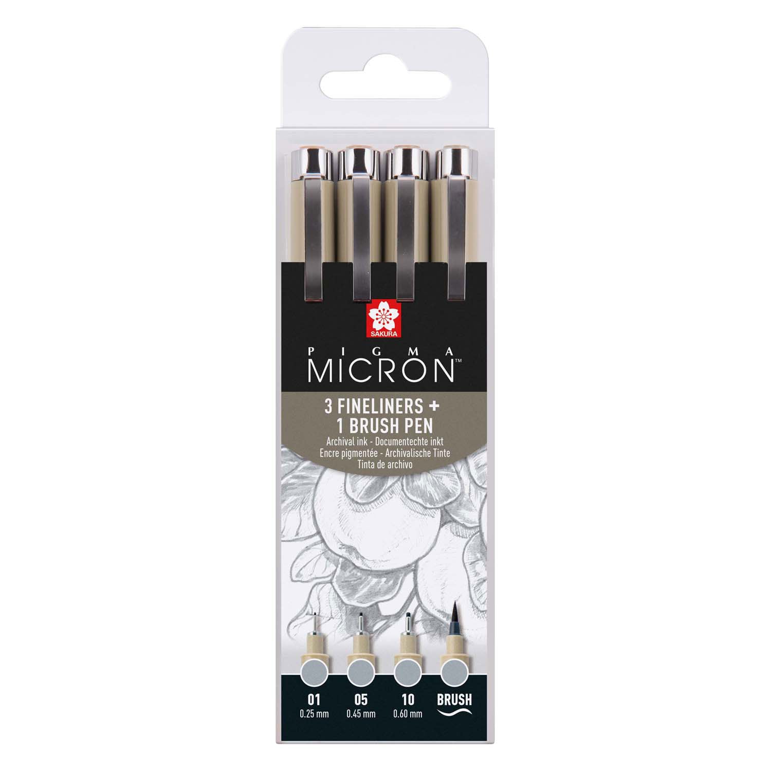 Sakura pigma micron finelinerset, 4 maten, licht koelgrijs