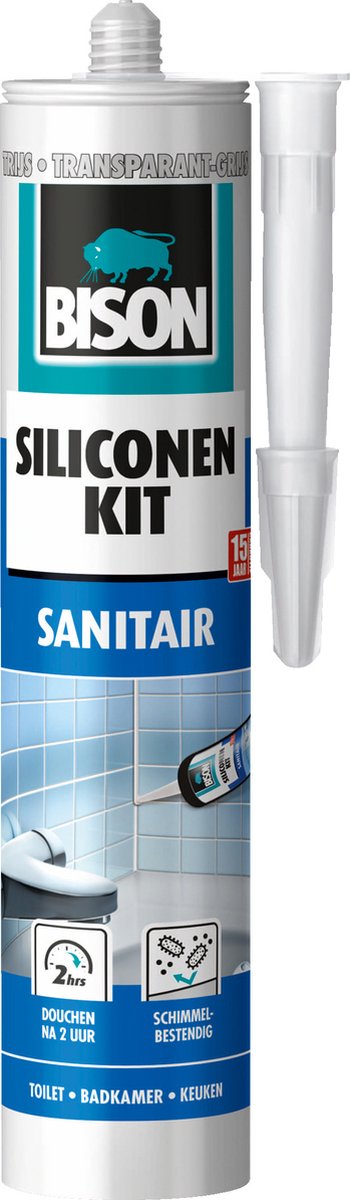 Bison siliconenkit grijs-transparant koker 300 ml - waterbestendige kit, sanitaire afdichting, ongevoelig voor schimmel, kleurvast, blijvend elastisch, makkelijk verwerkbaar