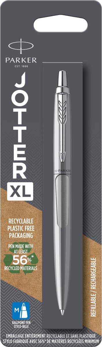 Parker jotter xl balpen | monochroom roestvrij staal | medium punt | blauwe inkt