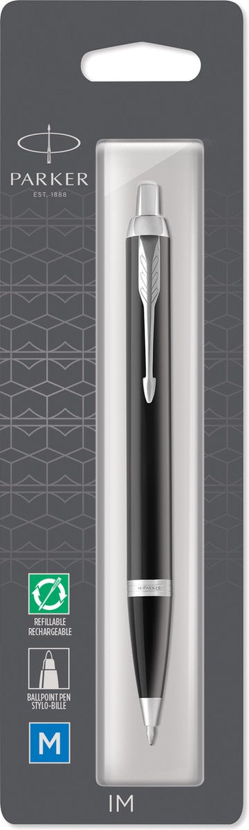 Parker im balpen | zwart lak met chromen afwerking | medium punt blauwe inkt