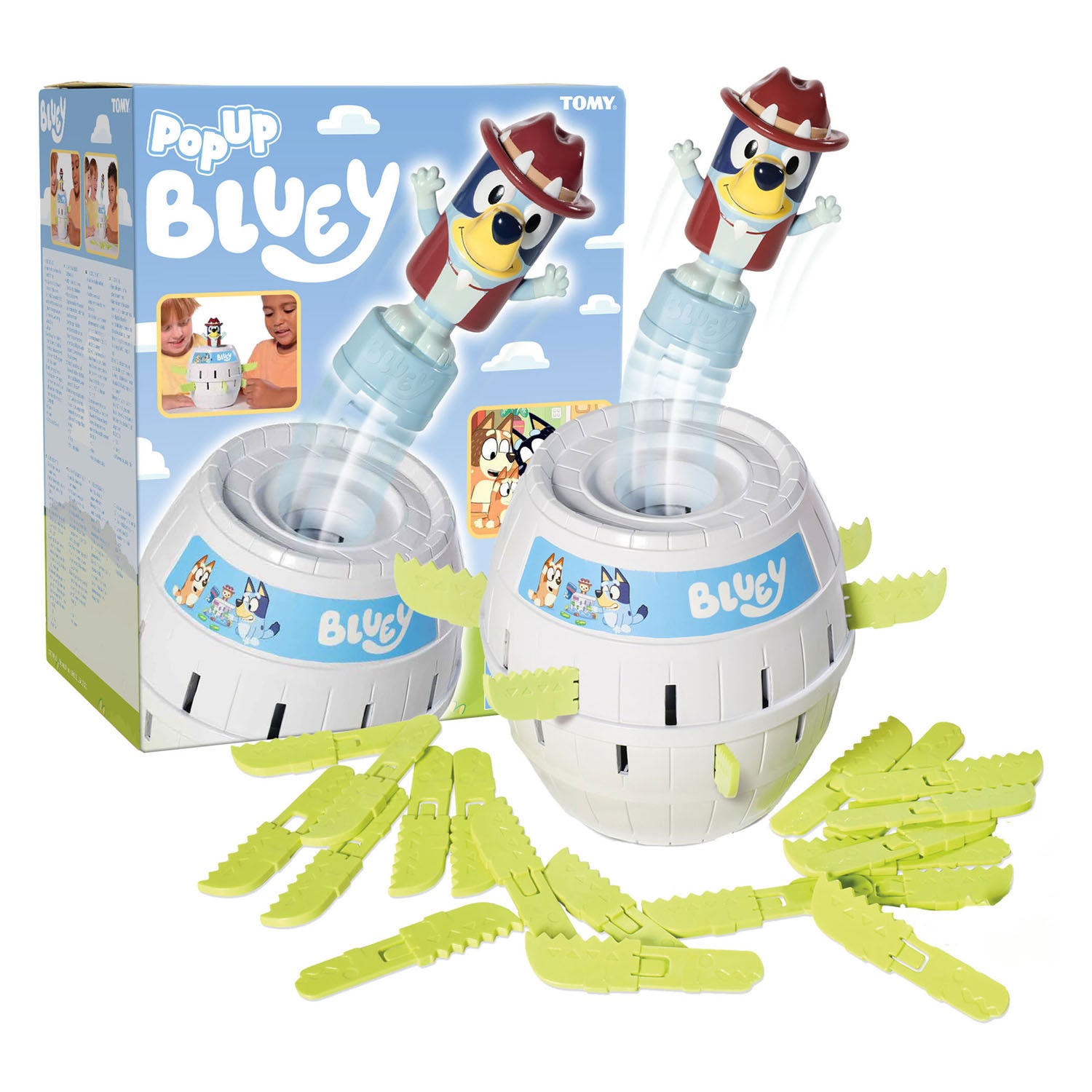 Tomy pop-up bluey in het ton kinderspel