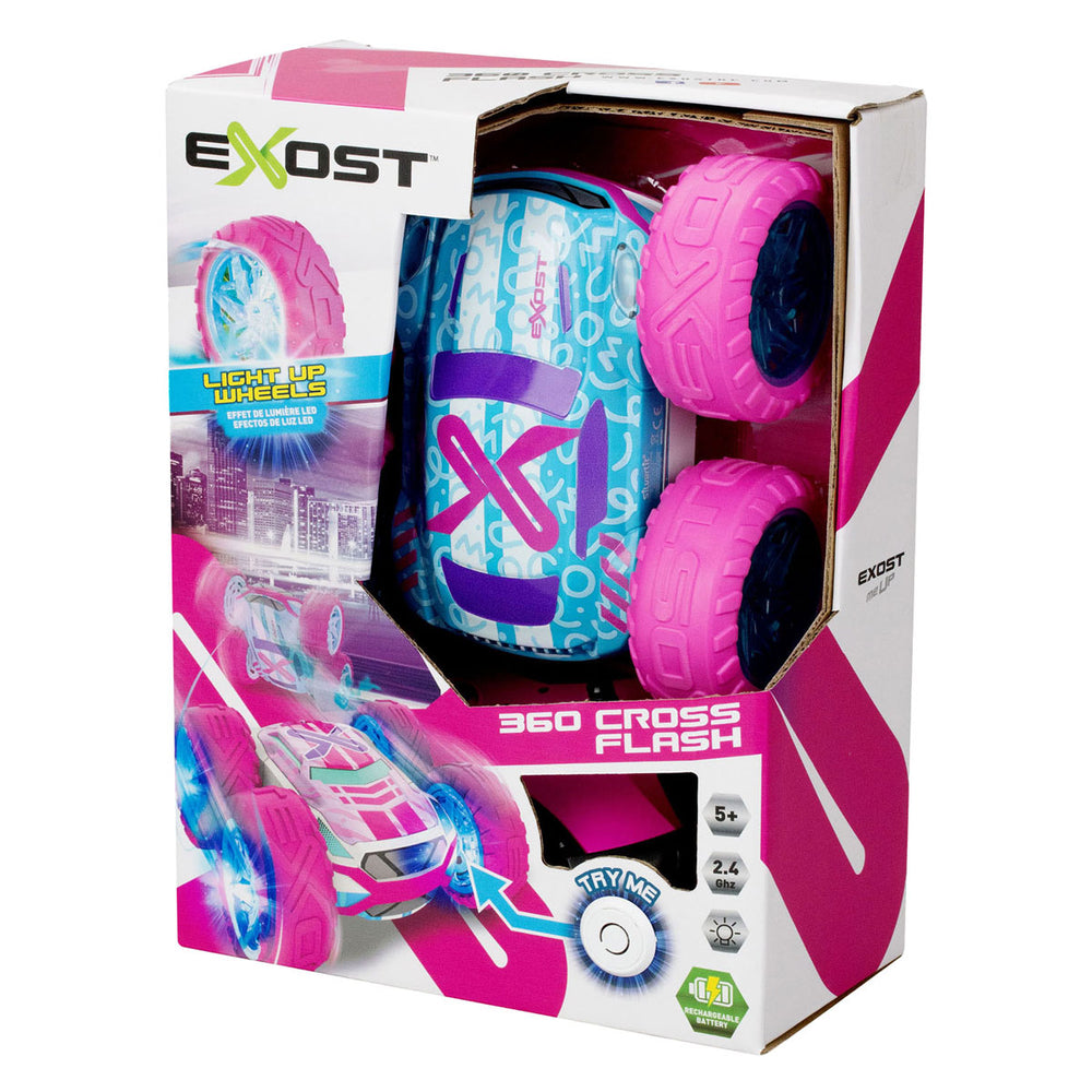 Exost rc 360 cross flash stuntauto roze 1:18 - flashing wheels - incl. oplaadbare batterij - rc auto