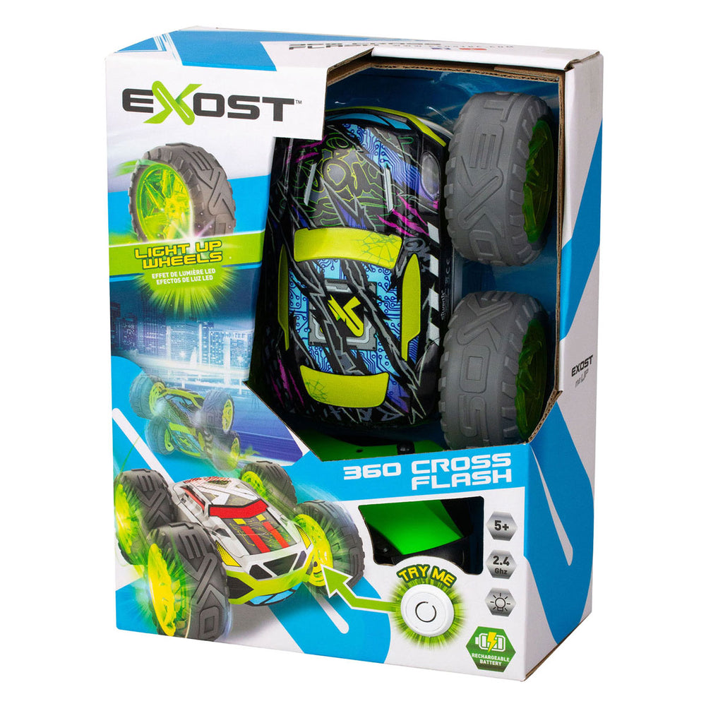 Exost rc 360 cross flash stuntauto groen 1:18 - flashing wheels - incl. oplaadbare batterij - rc auto