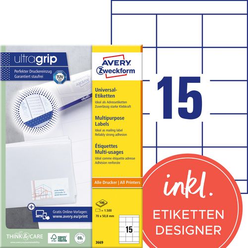 Multifunctionele etiketten avery quickpeel 1500 stuks