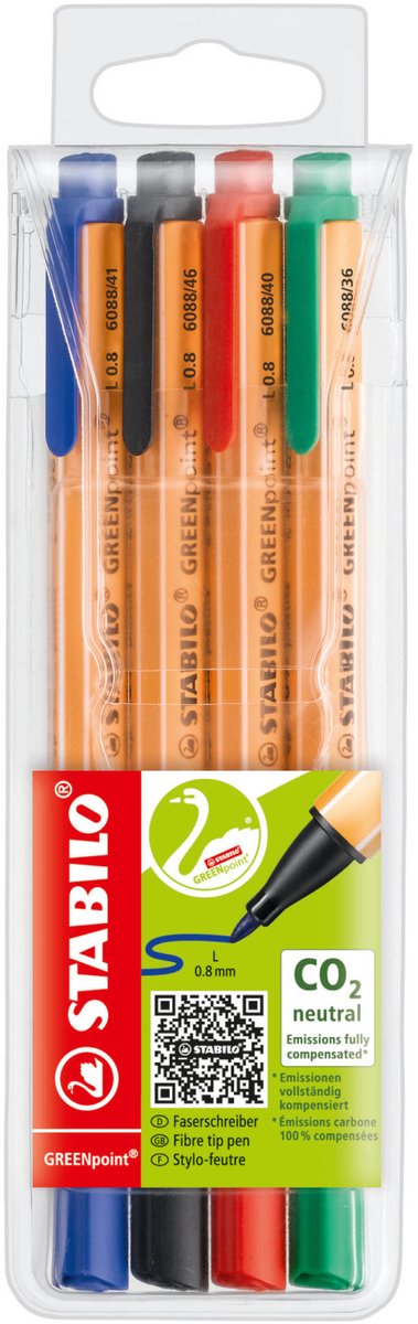 Stabilo greenpoint - hardtip fineliner 0,8 mm - nylon punt - co2 neutraal - etui met 4 kleuren