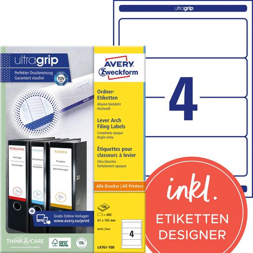Avery folder etiketten l4761-100 wit 400 etiketten
