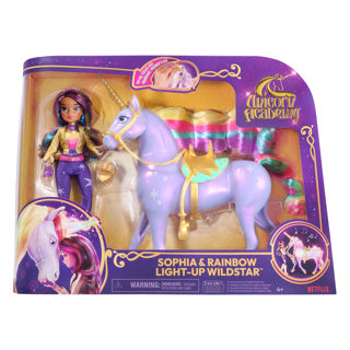 Unicorn academy - sophia regenboog lichtmagie wildstar - modepop met interactieve eenhoorn met licht geluid en muziek