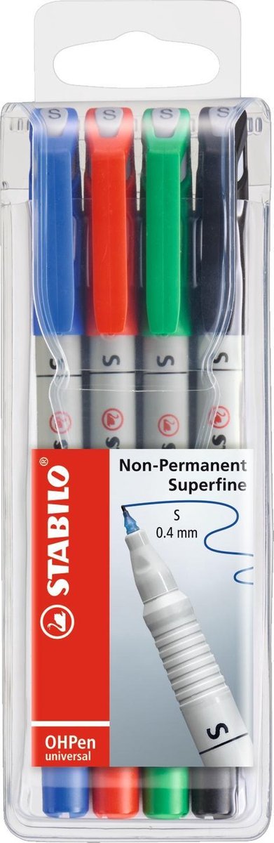 Stabilo ohpen - uitwisbare marker - universal s punt 0,4 mm - etui met 4 kleuren
