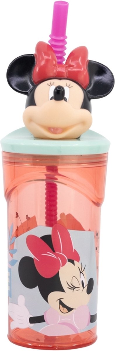 Stor disney's minnie mouse drinkbeker met rietje – 360 ml – herbruikbaar – met 3d-figuur – bpa-vrij – tumbler voor kinderen vanaf 4 jaar – transparant roze