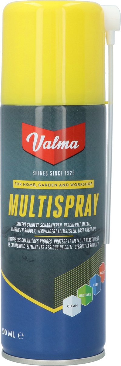 Valma multispray - formule die werkt voor letterlijk honderden toepassingen - verdringt vocht - stopt piepen en kraken - maakt verroeste of vastzittende onderdelen los - 200ml