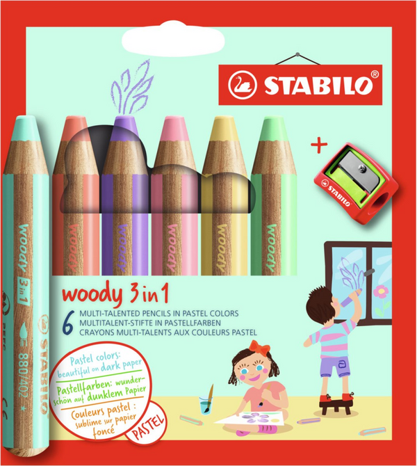 Stabilo woody 3 in 1 pastel - multi talent kleurpotloden - etui met 6 kleuren puntenslijper