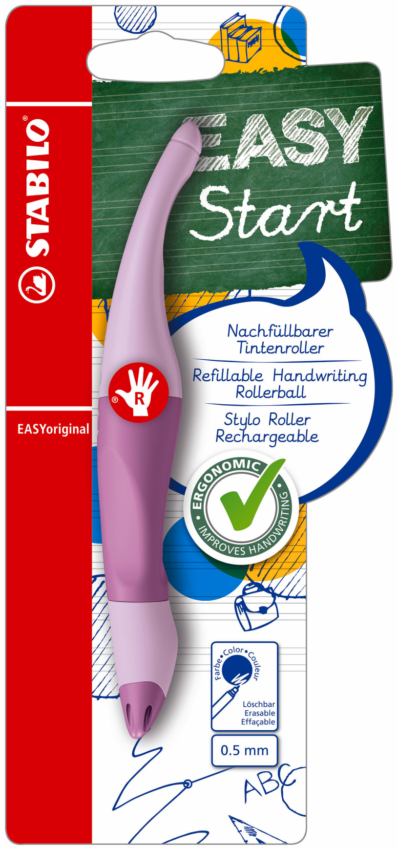 Stabilo easyorginial ergonomische rollerball pen - rechtshandig - blauwe inkt - navulbaar - pastel lila blush