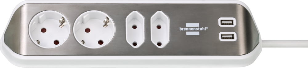 Brennenstuhl estilo hoekstekkerdoos 4-voudig stekkerdoos (wit roestvrij staal, 2x usb)