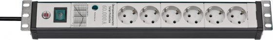 Brennenstuhl premium-line 60.000a stekkerdoos met overspanningsbeveiliging 6-voudig zwart lichtgrijs 3m h05vv-f 3g1,5 19 formaat