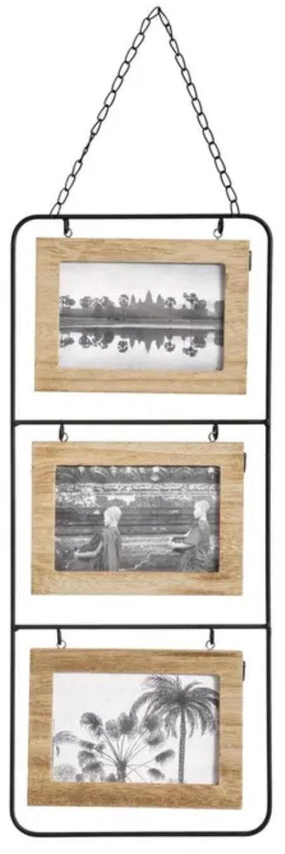 Atmosphera collage fotolijst nomad - 3x foto - voor 10 x 15 cm foto - hout en metaal - beige zwart - 22 x 52 cm - lijstje - muur