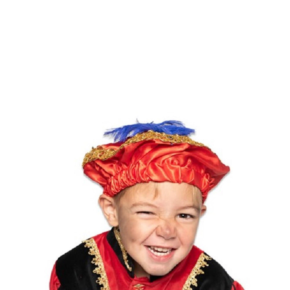 Haza pietenbaret satijn met veer rood