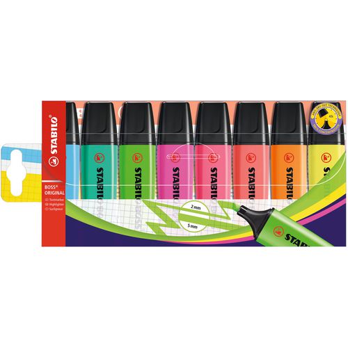 Stabilo tekstmarker boss original navulbaar 2-5mm assorti 8-pack schuine punt