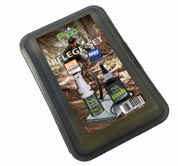 Le kit d'entretien DR.WACK se compose d'une huile pour chaîne F100, d'un nettoyant pour vélo F100 et d'un chiffon en microfibre