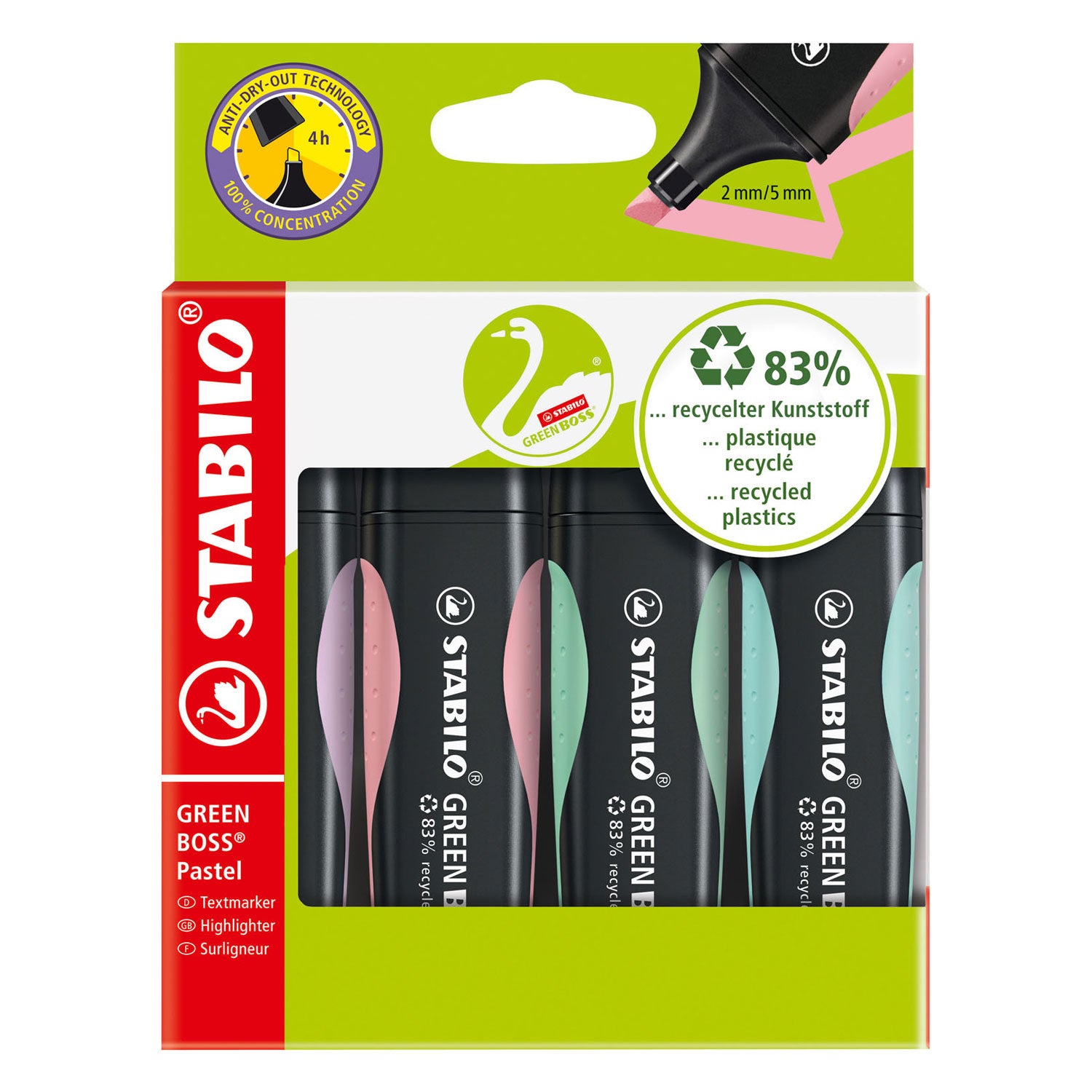 Stabilo green boss pastel - markeerstift - set van 4 stuks