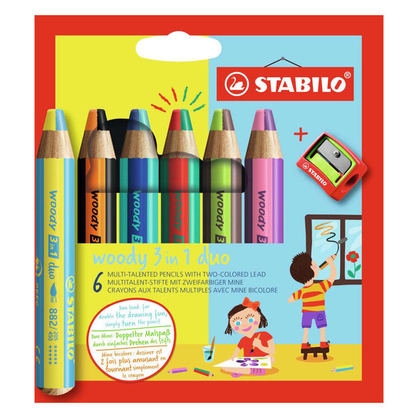 Stabilo woody 3 in 1 duo - multi talent kleurpotloden - etui met 6 kleuren puntenslijper