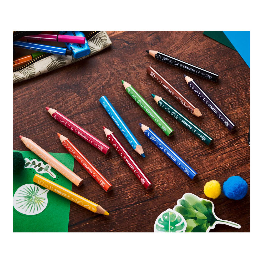 Stabilo trio thick - driekantige kleurpotloden met extra dikke kern - animal vibes - etui met 12 kleuren