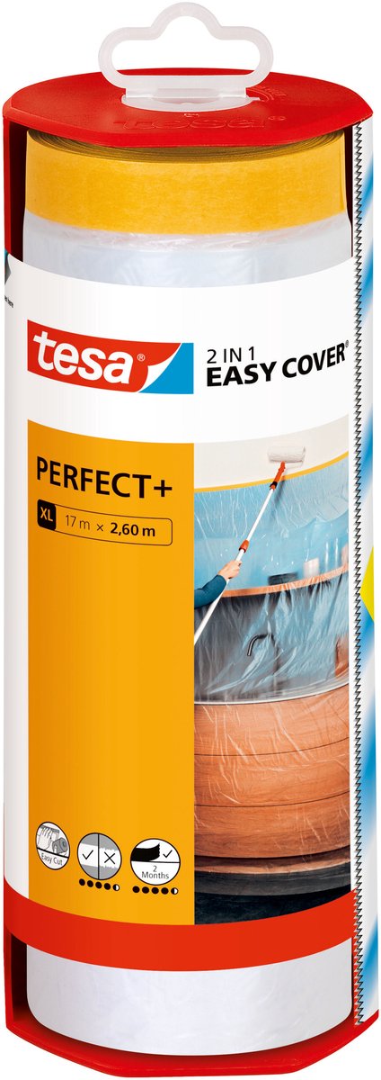 Tesa easy cover perfect+ dispenser xl beschermfolie met washi tape – 17m x 2,60m