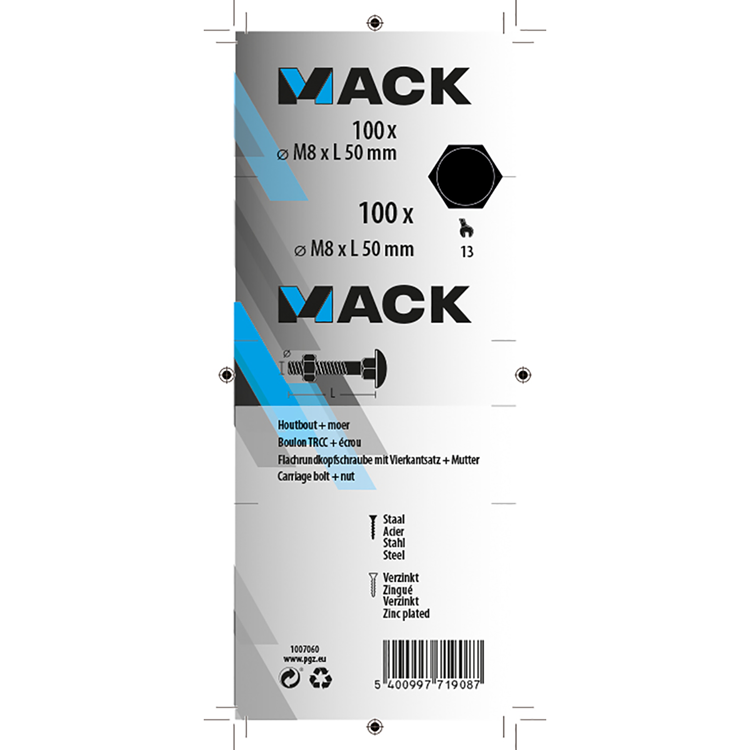 Mack 1007060 - houtbout + moer verzinkt 100 st 8 x 50 mm | 4 stuks