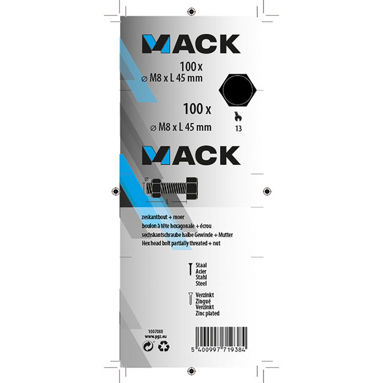 Mack 1007088 - mekaniekbout + moer 100 st 8 x 45 mm | 4 stuks