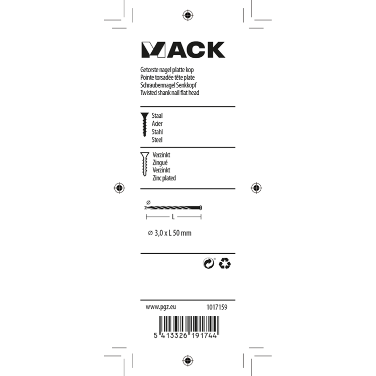 Mack 1017159 - getorste nagel pk verzinkt 135gr 3,0 x 50 mm | 5 stuks