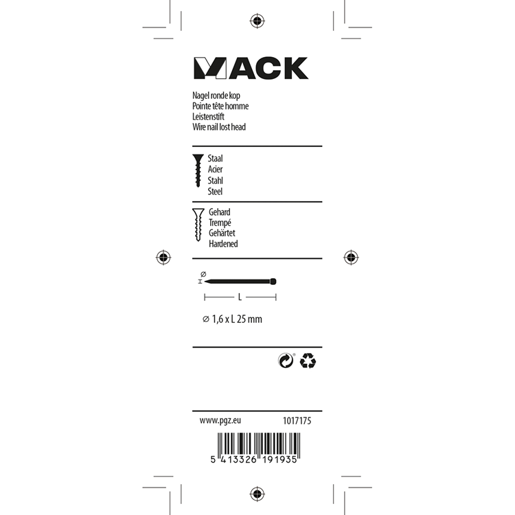 Mack 1017175 - nagel ronde kop staal gehard 45 gr 1,6 x 25 mm | 10 stuks