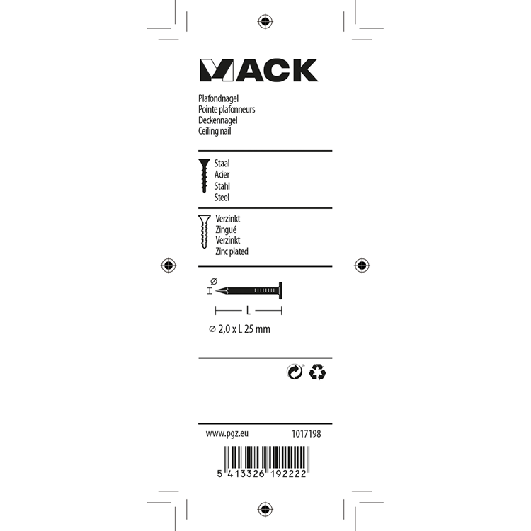 Mack 1017198 - plafondnagel staal verzinkt 90 gr 2,0 x 25 mm | 5 stuks