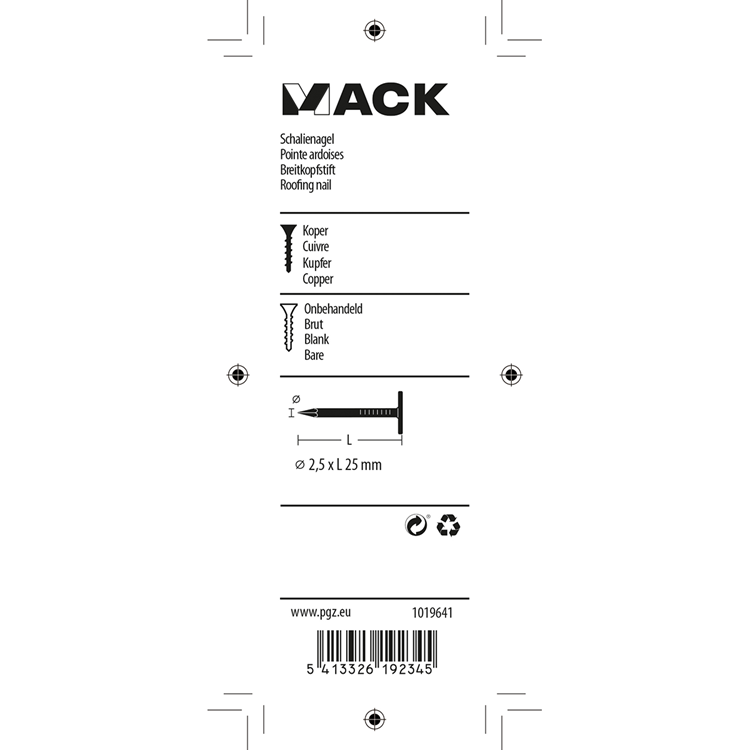 Mack 1019641 - schalienagel koper 30 gr 2,5 x 25mm | 10 stuks