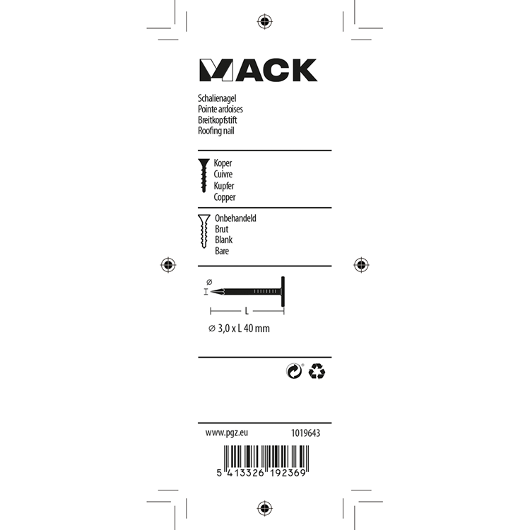 Mack 1019643 - schalienagel koper 30 gr 3,0 x 40mm | 10 stuks