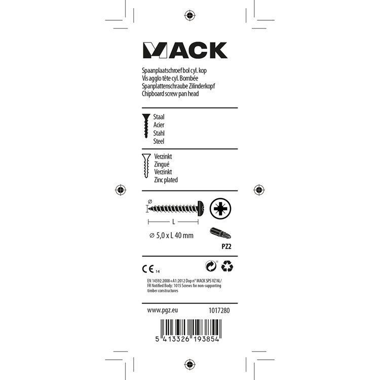 Mack 1017280 - spaanplaatschroef cylkop geelverz.12 st 5,0 x 40 mm | 10 stuks