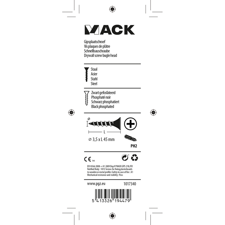 Mack 1017340 - gipsplaatschroef zwart gefosf. 20 st 3,5 x 45 mm | 5 stuks