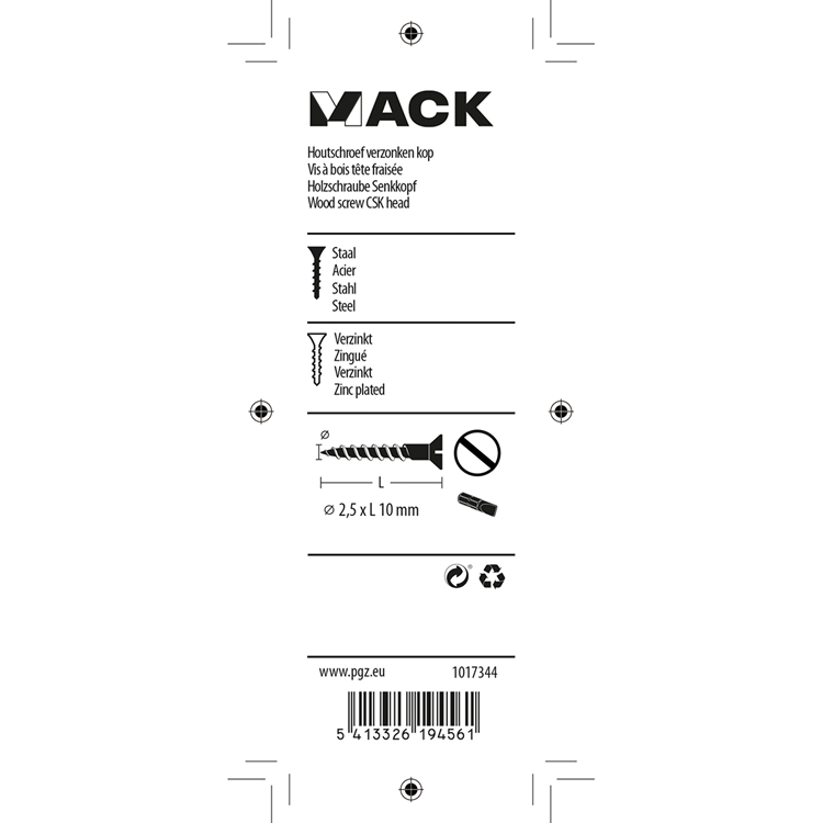 Mack 1017344 - houtschroef verzonken kop verz30 st 2,5 x 10 mm | 10 stuks