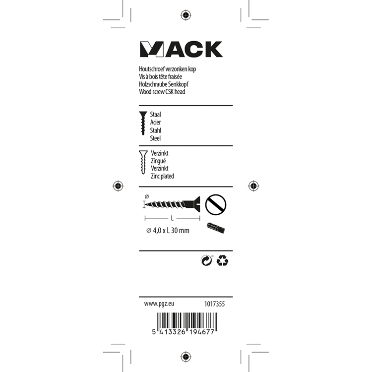 Mack 1017355 - houtschroef verzonken kop verz17 st 4,0 x 30 mm | 10 stuks