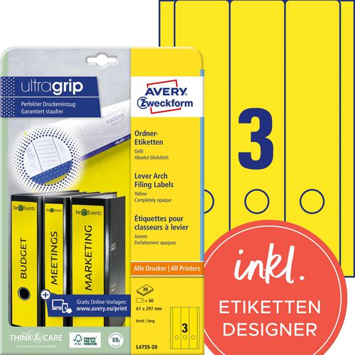 Ordnerrugetiketten avery zweckform geel 60 stuks papier