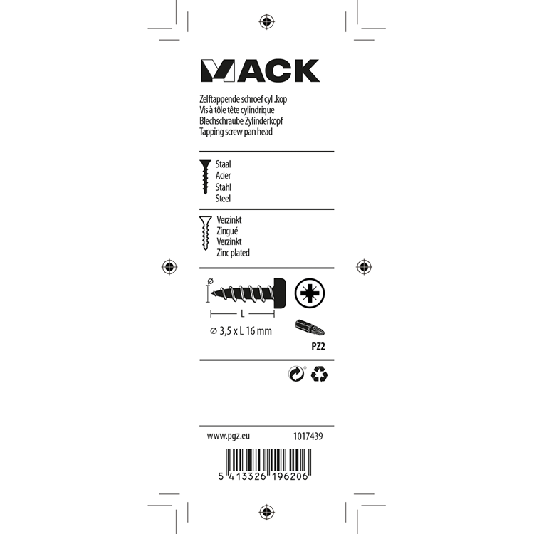 Mack 1017439 - zelftappende schroef cyl kop verz. 28st 3,5 x 16 mm | 10 stuks