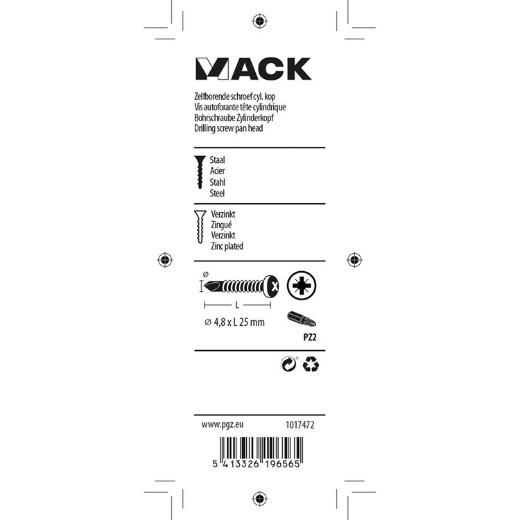 Mack 1017472 - zelfborende schroef cyl. kop verz. 20st 4,8 x 25 mm | 10 stuks